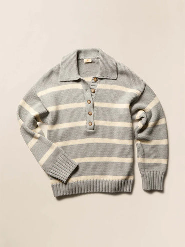 Women's Sunwashed Cotton Polo Sweater - Grey Heather Stripe