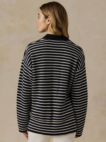 Women's Miramar Linen Relaxed Polo - Black Reef Stripe