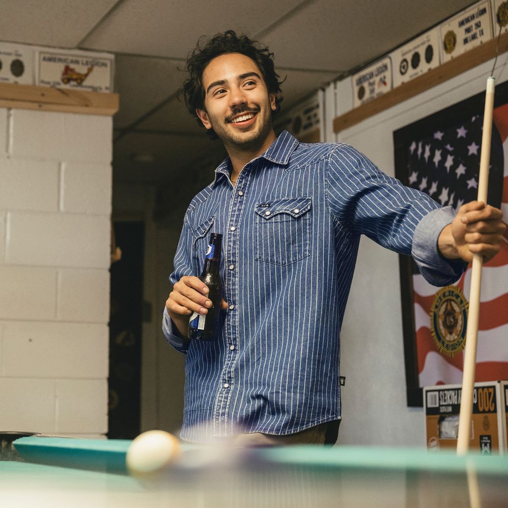 Dust Up Denim Snapshirt- Merle Stripe