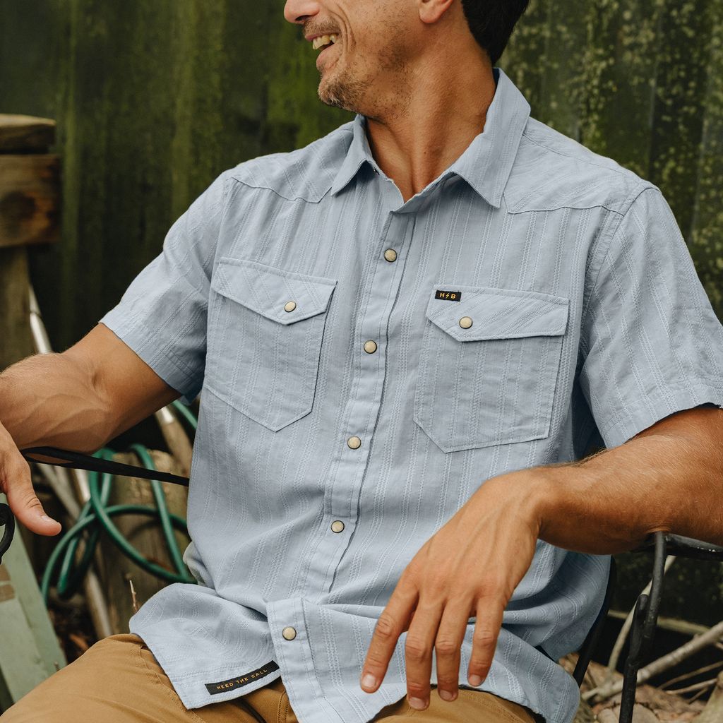 H Bar B Snapshirt- Eyelet Stripe Sky Blue
