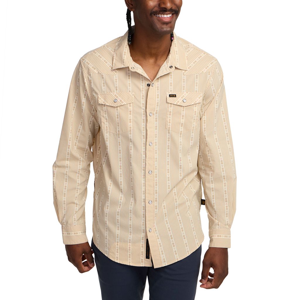 H Bar B Tech Long Sleeve Shirt- Mosquero Stripe/Brown Rice