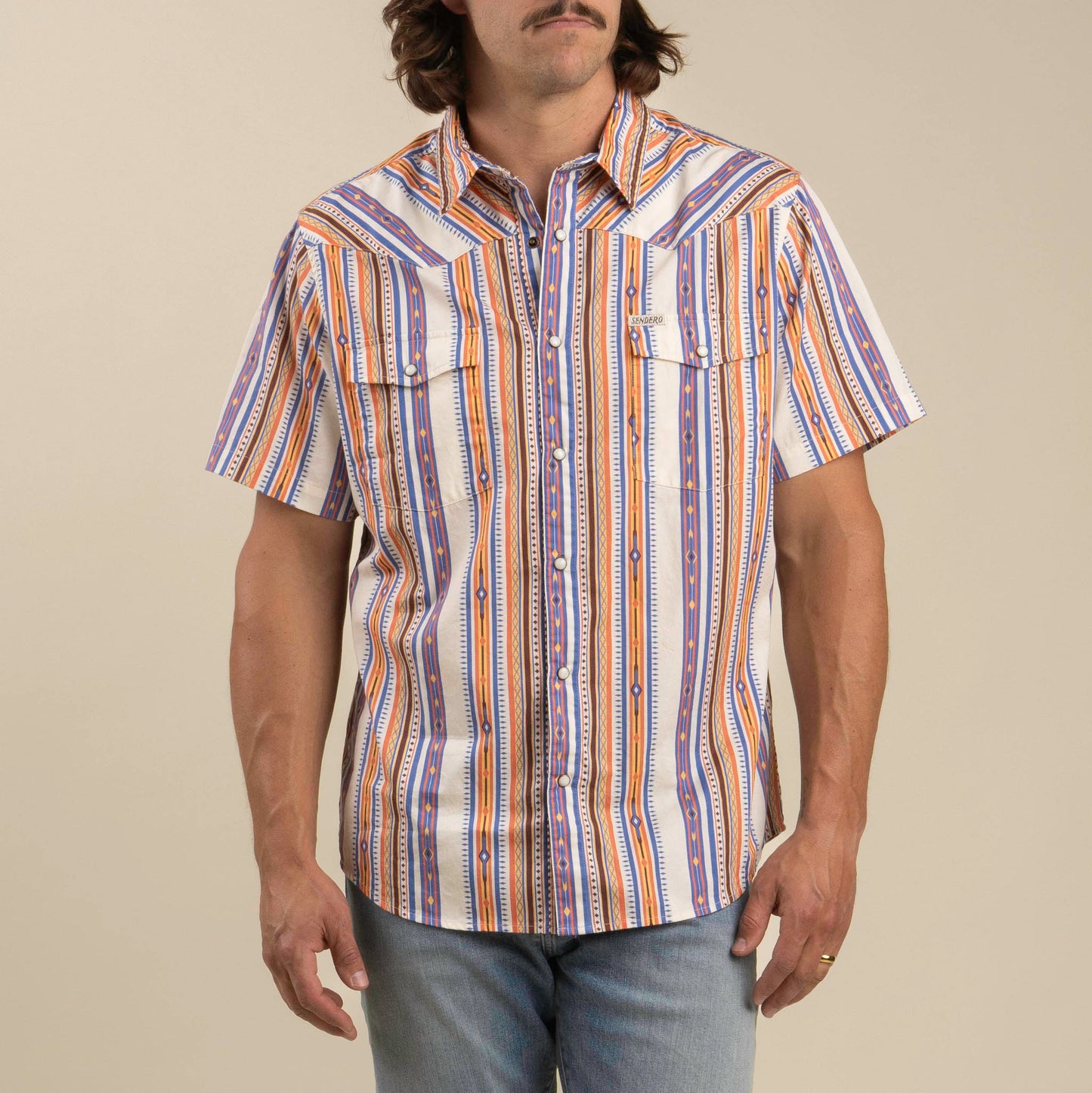 Serape Pearl Snap Short Sleeve Shirt- Southwest Stripe/Cobalt