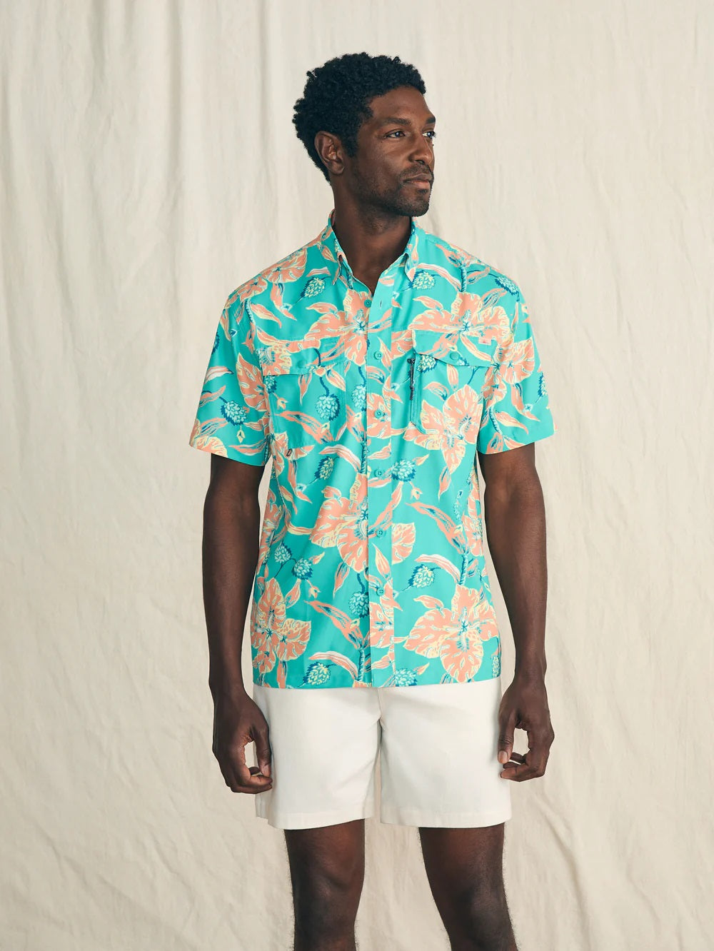 Shorelite Short Sleeve Tech Shirt- Teal Geranium Floral