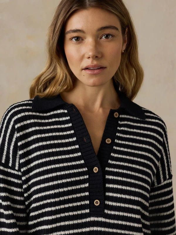 Women's Miramar Linen Relaxed Polo - Black Reef Stripe