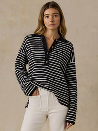 Women's Miramar Linen Relaxed Polo - Black Reef Stripe