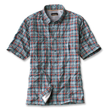 Open Air Plaid Short Sleeve Casting Shirt- Dusty Blue